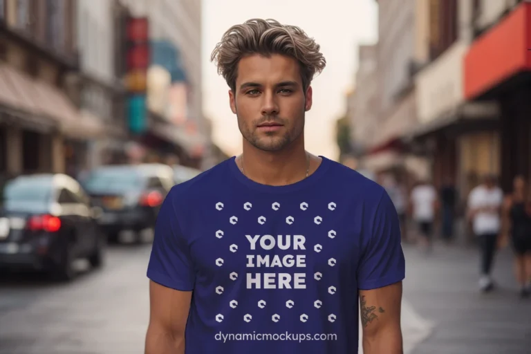 Man Wearing Navy Blue T-shirt Mockup Front View Template