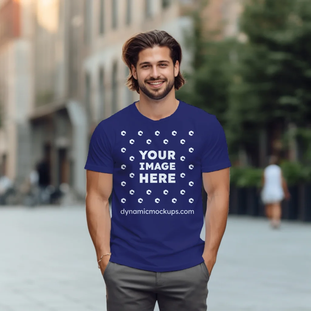 Man Wearing Navy Blue T-shirt Mockup Front View Template