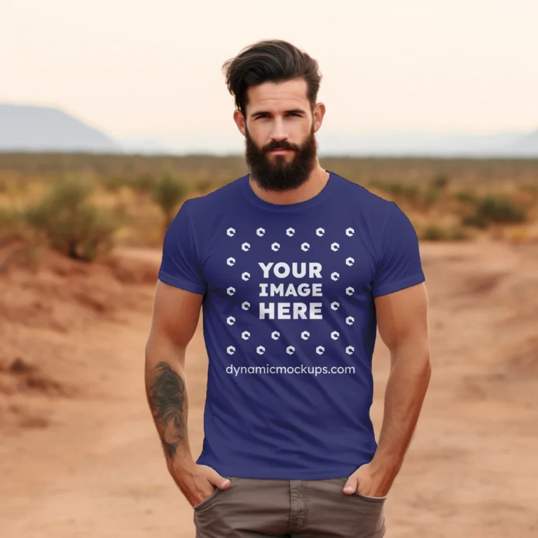 Man Wearing Navy Blue T-shirt Mockup Front View Template