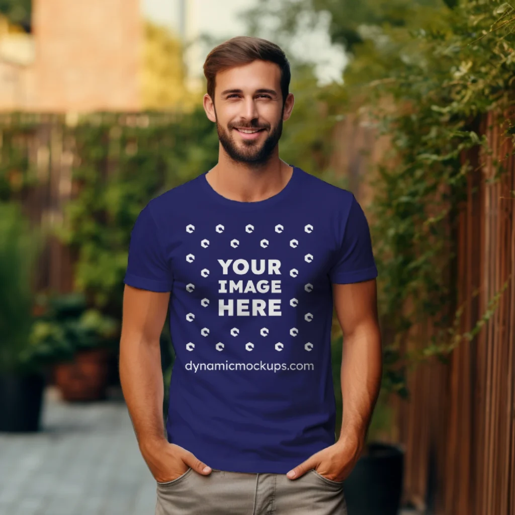 Man Wearing Navy Blue T-shirt Mockup Front View Template