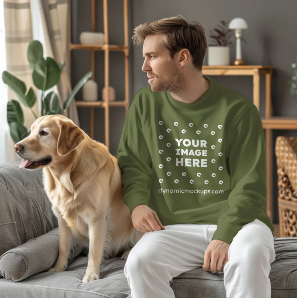 Man Wearing Olive Green Sweatshirt Mockup Front View Template