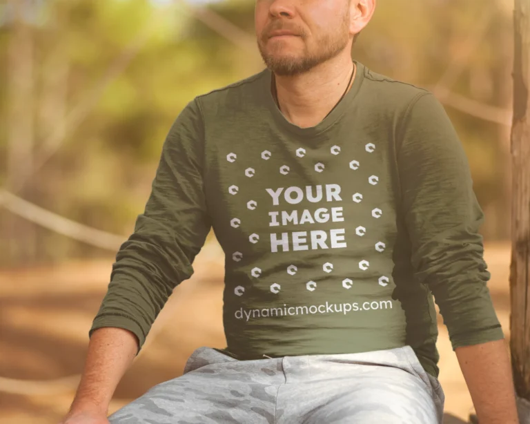 Man Wearing Olive Green Sweatshirt Mockup Front View Template