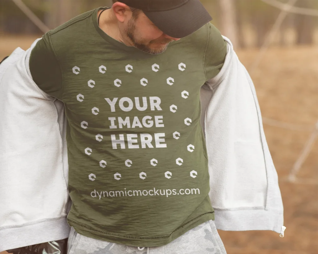 Man Wearing Olive Green Sweatshirt Mockup Front View Template