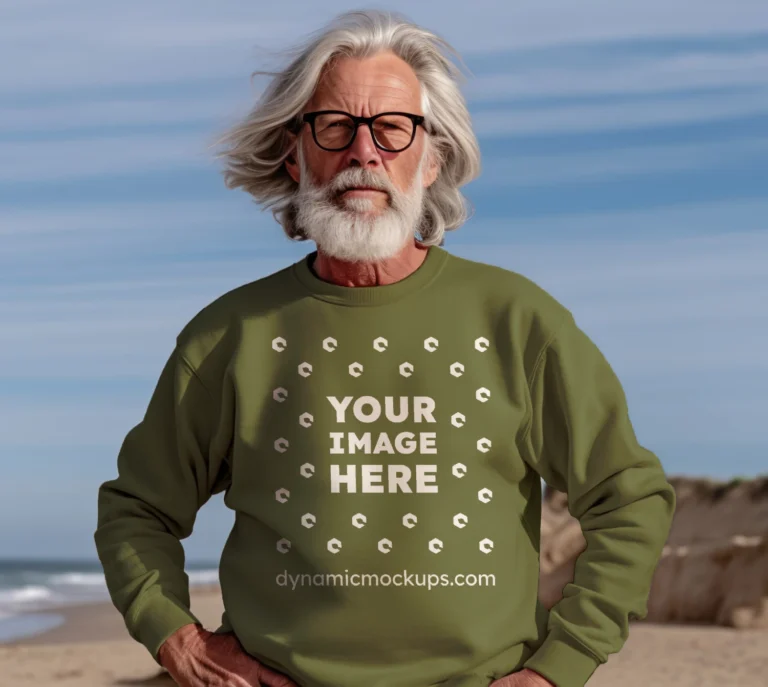 Man Wearing Olive Green Sweatshirt Mockup Front View Template