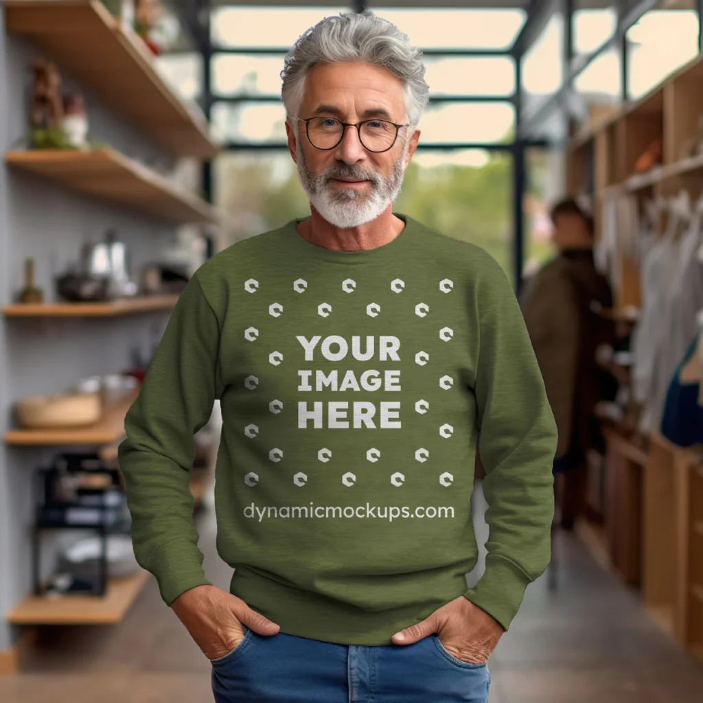 Man Wearing Olive Green Sweatshirt Mockup Front View Template