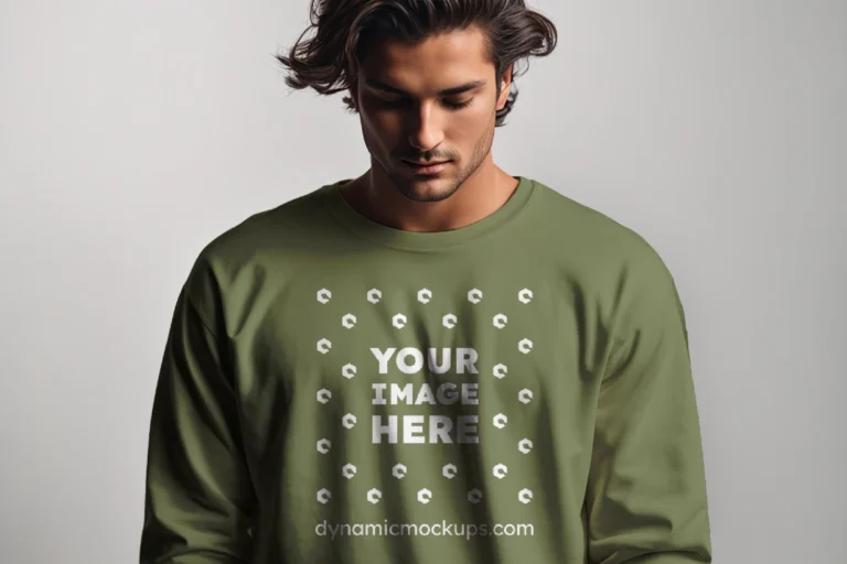 Man Wearing Olive Green Sweatshirt Mockup Front View Template