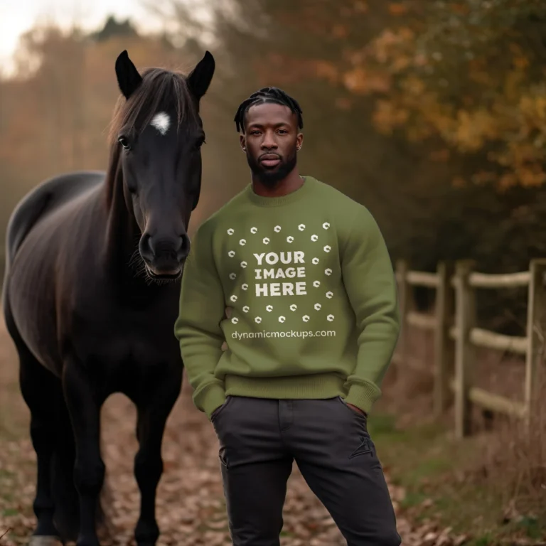 Man Wearing Olive Green Sweatshirt Mockup Front View Template