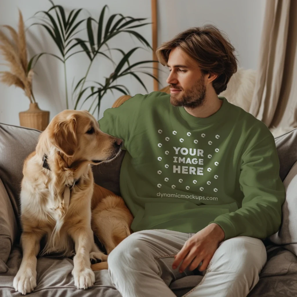 Man Wearing Olive Green Sweatshirt Mockup Front View Template