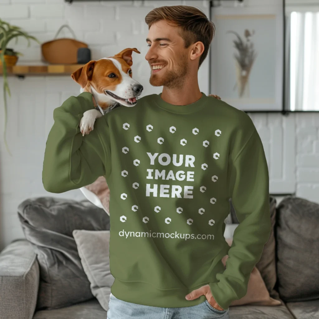 Man Wearing Olive Green Sweatshirt Mockup Front View Template