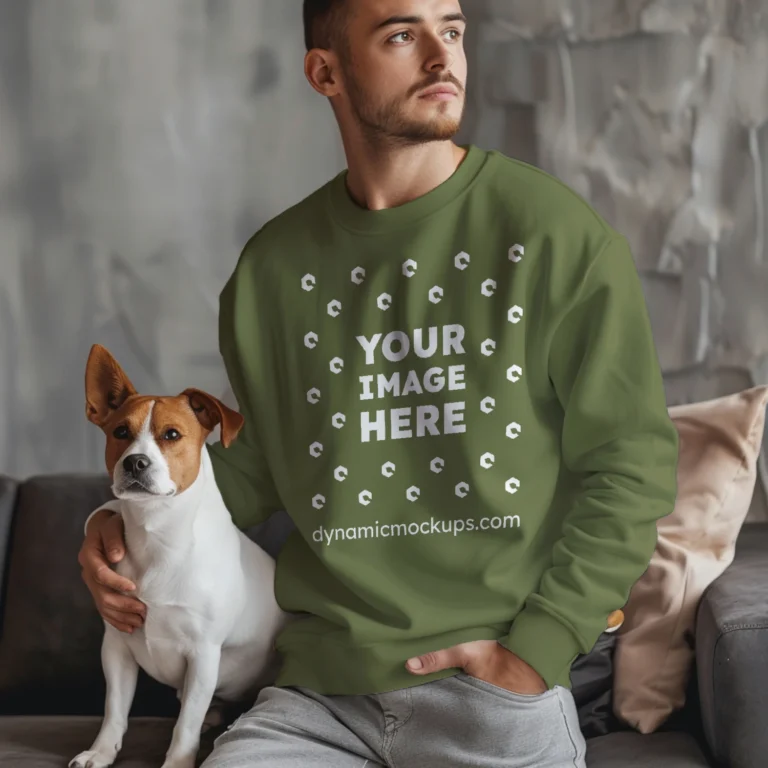 Man Wearing Olive Green Sweatshirt Mockup Front View Template