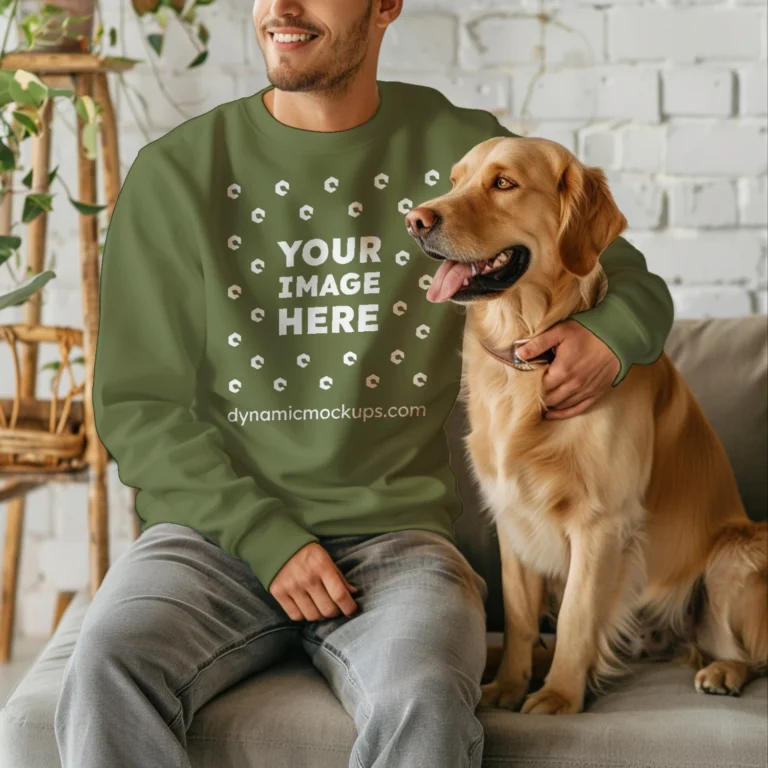 Man Wearing Olive Green Sweatshirt Mockup Front View Template