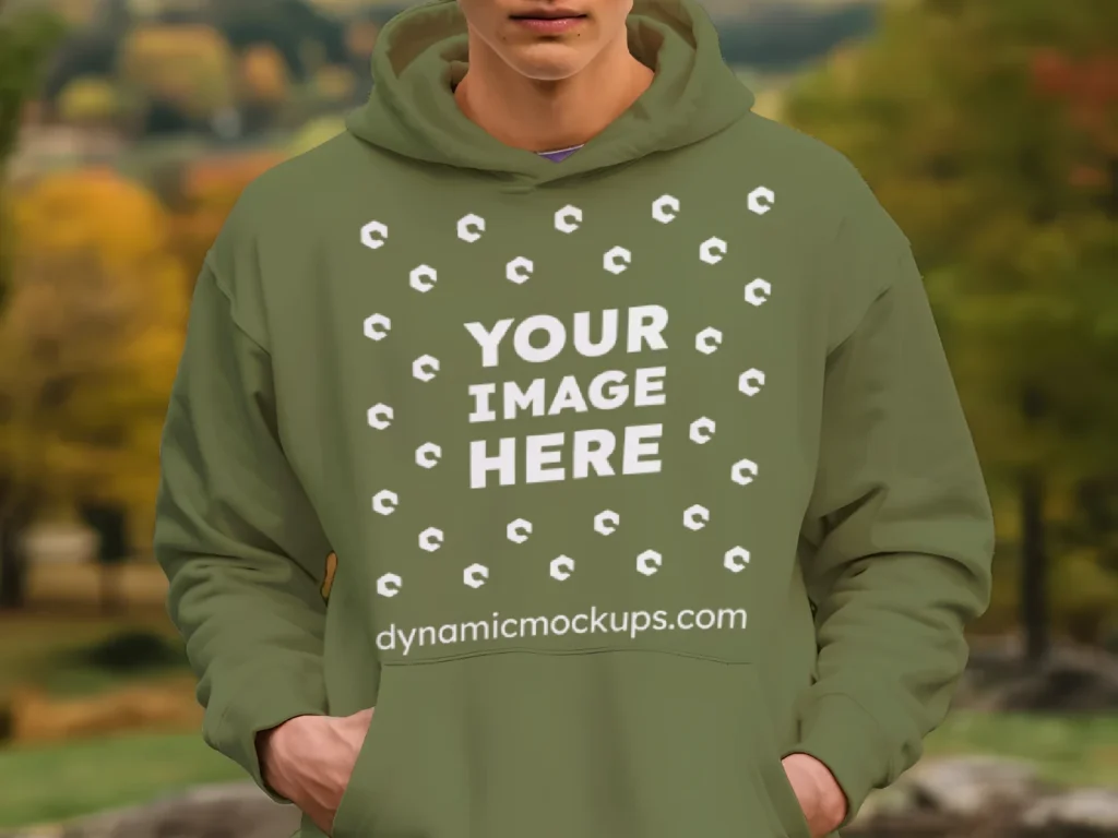 Man Wearing Olive Green Hoodie Mockup Front View Template