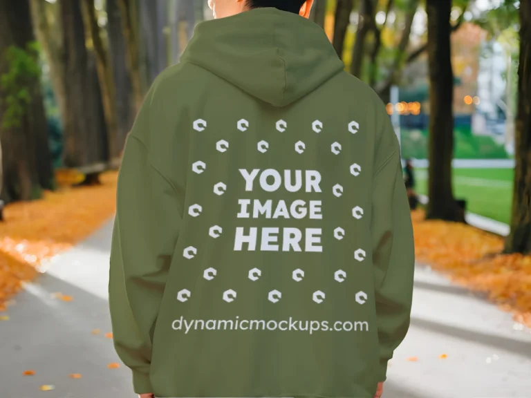 Man Wearing Olive Green Hoodie Mockup Back View Template