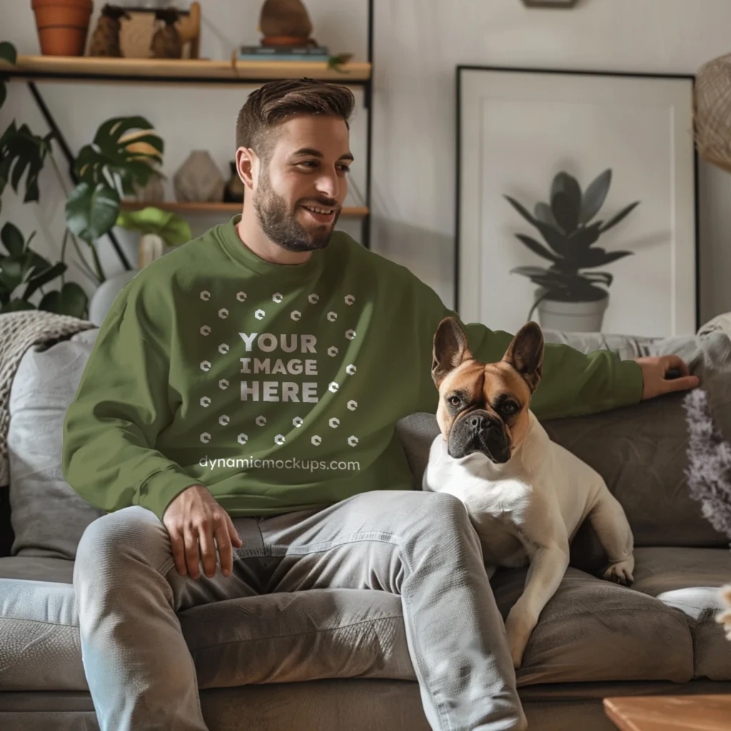 Man Wearing Olive Green Sweatshirt Mockup Front View Template