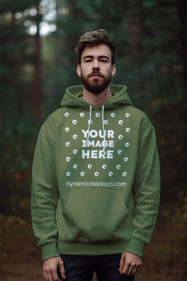 Man Wearing Olive Green Hoodie Mockup Front View Template