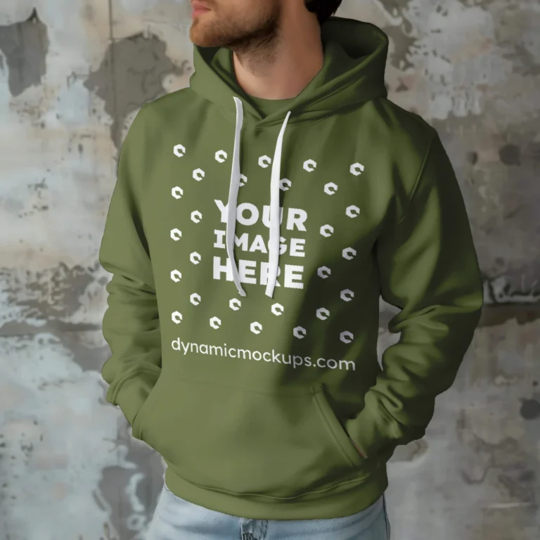 Man Wearing Olive Green Hoodie Mockup Front View Template