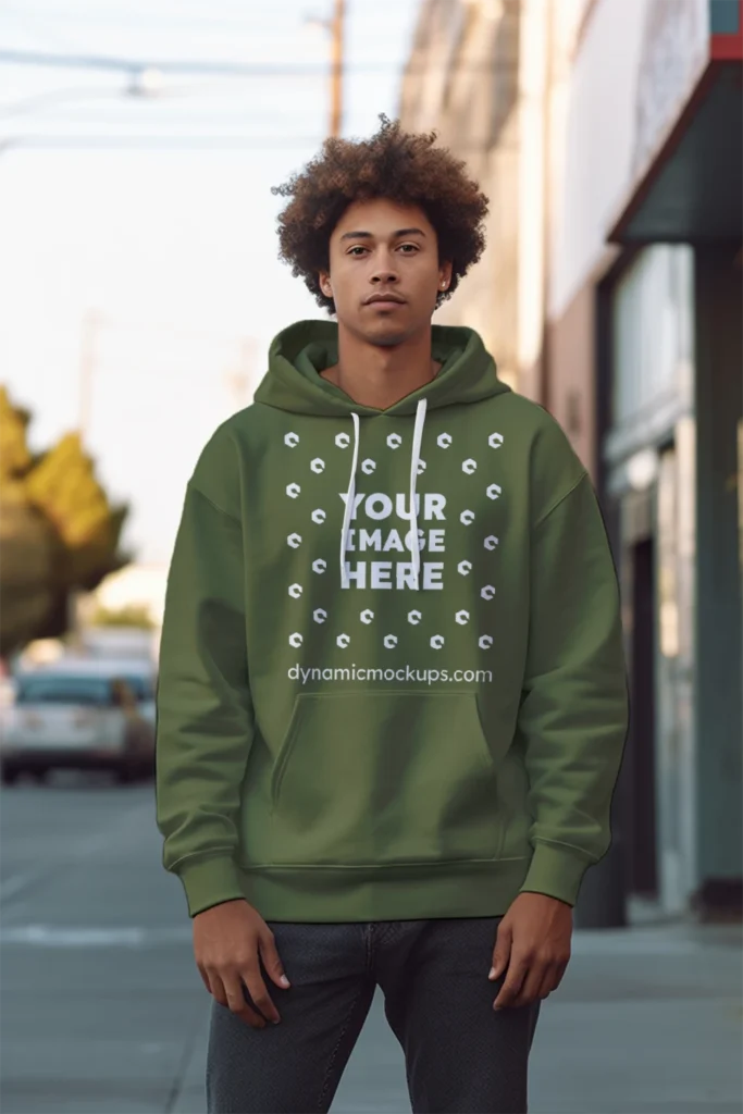 Man Wearing Olive Green Hoodie Mockup Front View Template