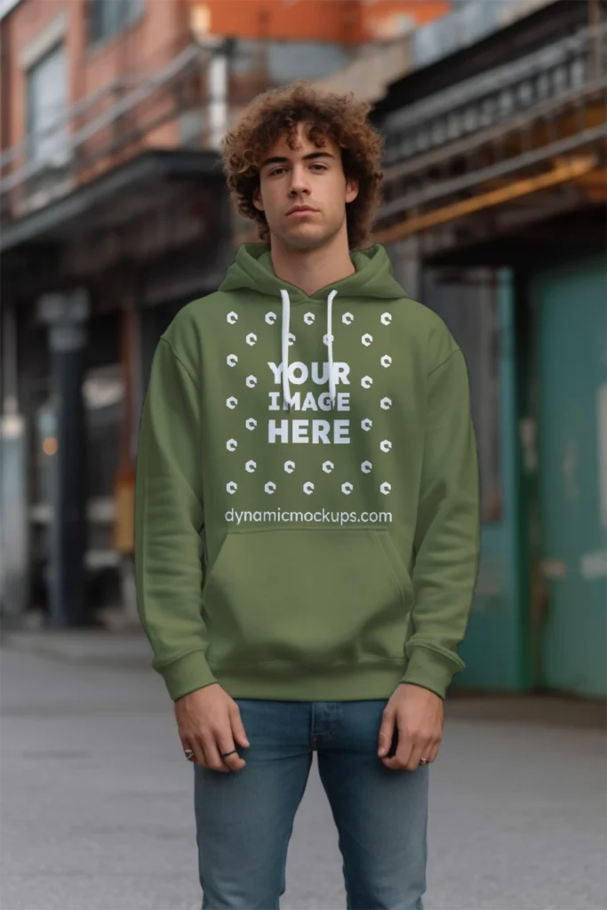 Man Wearing Olive Green Hoodie Mockup Front View Template