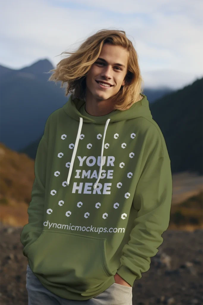 Man Wearing Olive Green Hoodie Mockup Front View Template