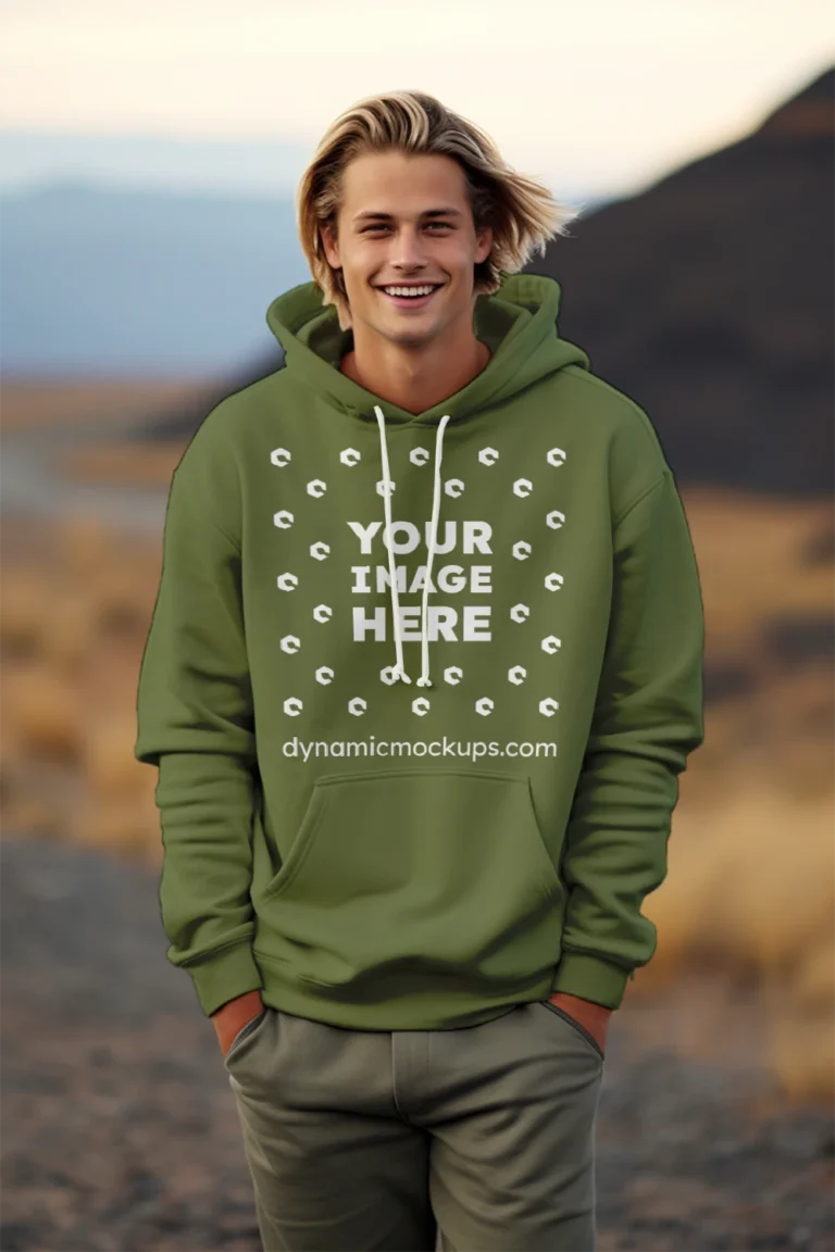 Man Wearing Olive Green Hoodie Mockup Front View Template