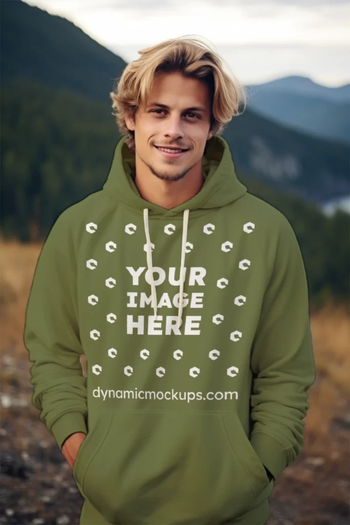 Man Wearing Olive Green Hoodie Mockup Front View Template