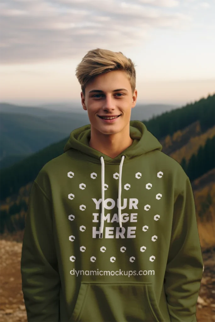 Man Wearing Olive Green Hoodie Mockup Front View Template