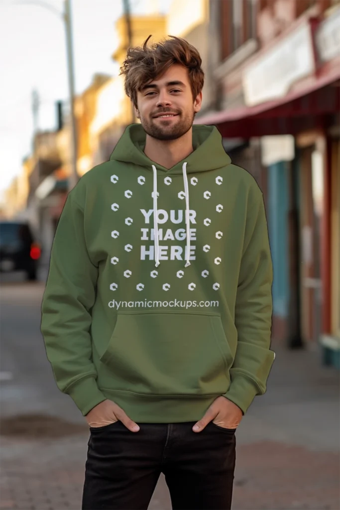 Man Wearing Olive Green Hoodie Mockup Front View Template