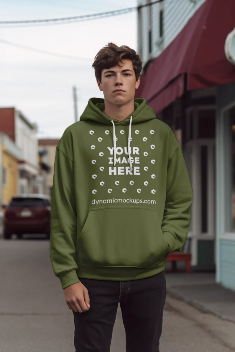 Man Wearing Olive Green Hoodie Mockup Front View Template