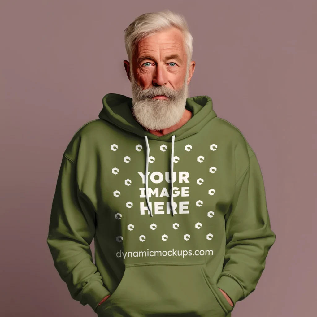 Man Wearing Olive Green Hoodie Mockup Front View Template