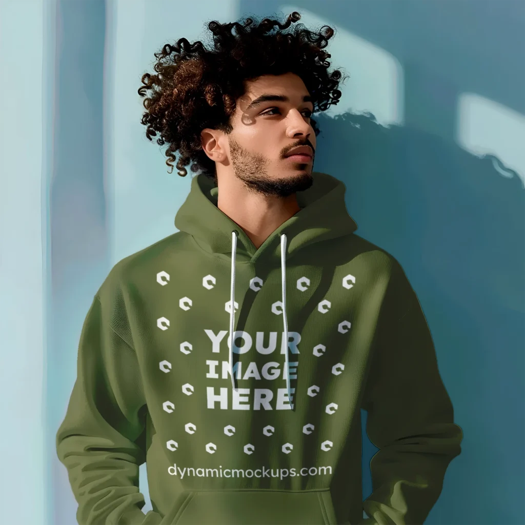 Man Wearing Olive Green Hoodie Mockup Front View Template