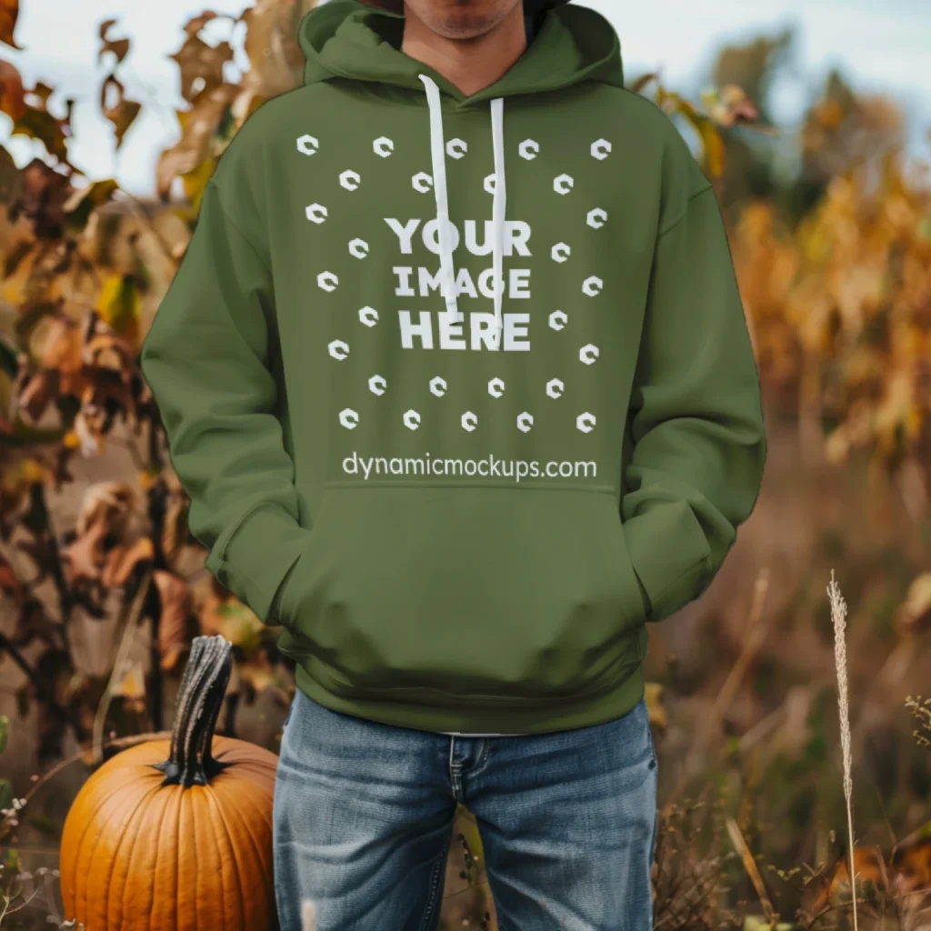 Man Wearing Olive Green Hoodie Mockup Front View Template