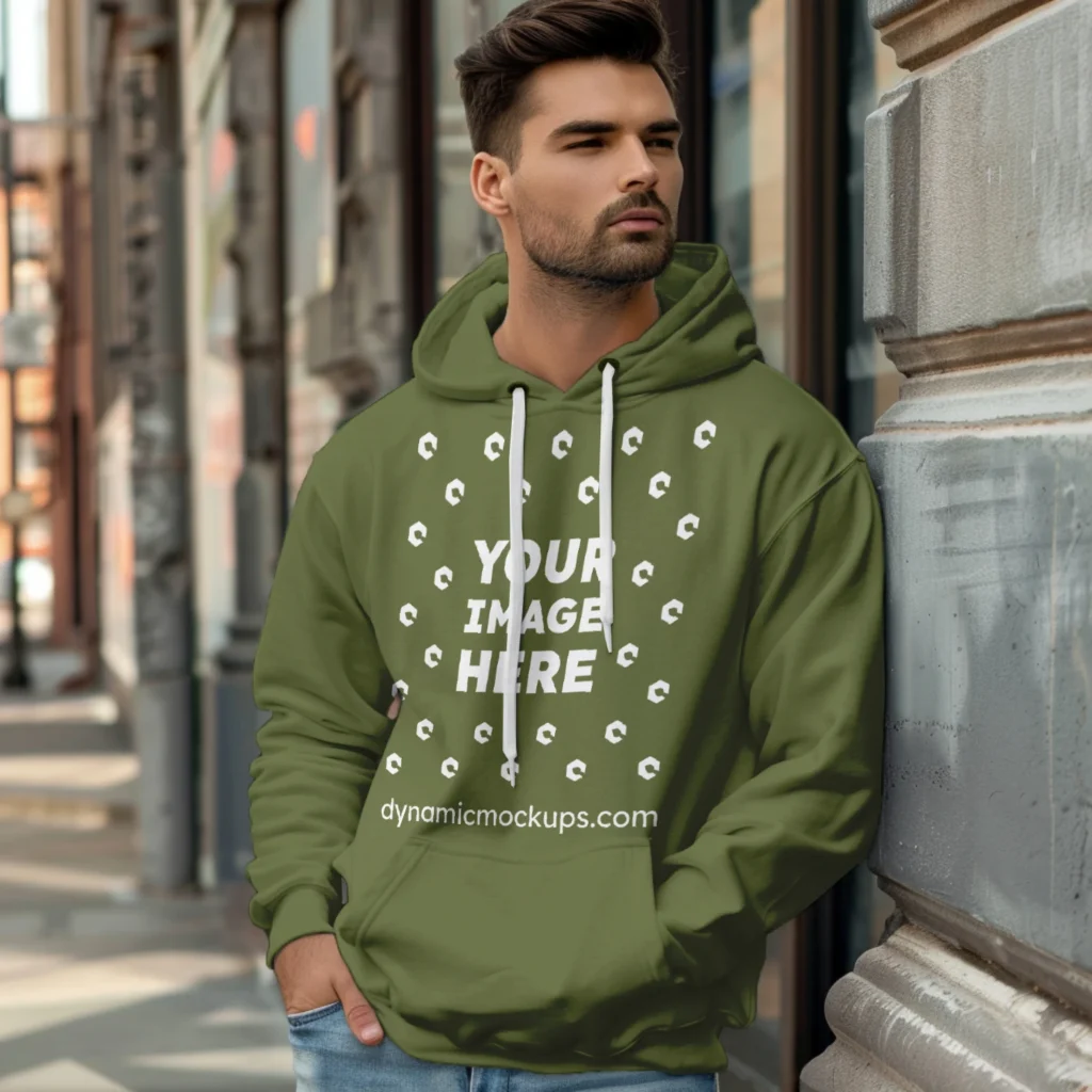 Man Wearing Olive Green Hoodie Mockup Front View Template