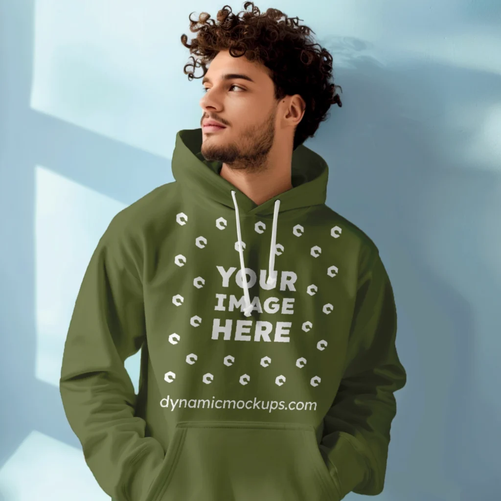 Man Wearing Olive Green Hoodie Mockup Front View Template