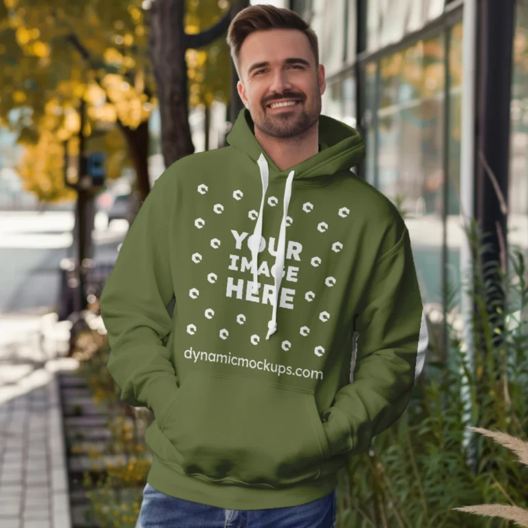 Man Wearing Olive Green Hoodie Mockup Front View Template