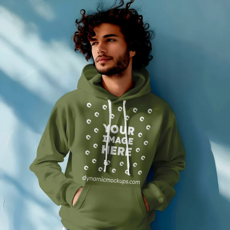 Man Wearing Olive Green Hoodie Mockup Front View Template