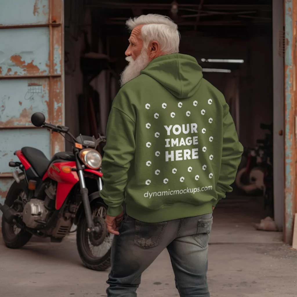 Man Wearing Olive Green Hoodie Mockup Back View Template