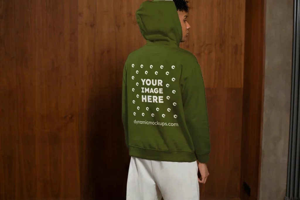 Man Wearing Olive Green Hoodie Mockup Back View Template