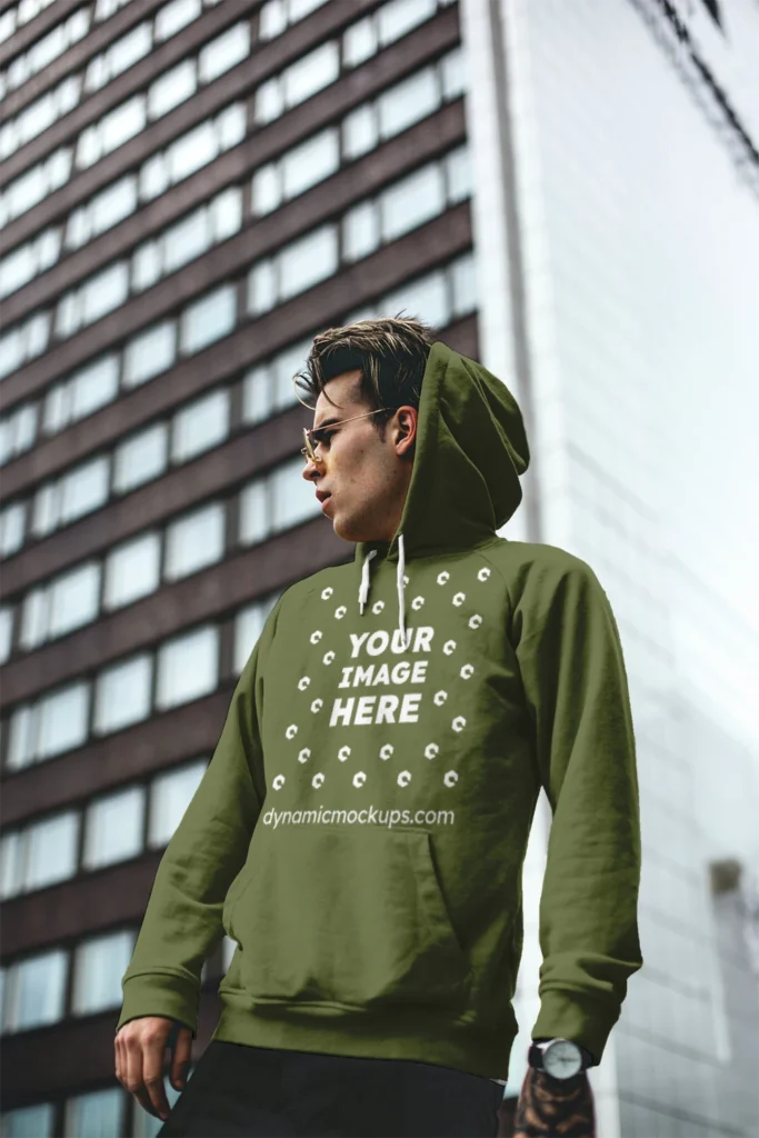 Man Wearing Olive Green Hoodie Mockup Front View Template