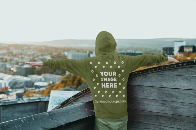 Man Wearing Olive Green Hoodie Mockup Back View Template