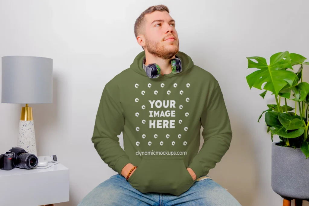 Man Wearing Olive Green Hoodie Mockup Front View Template