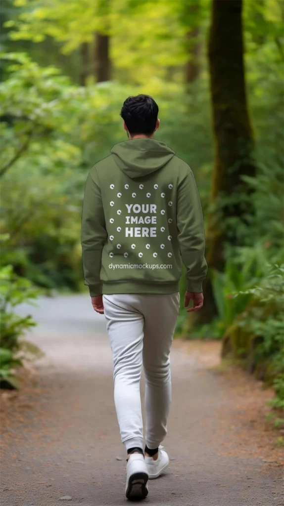 Man Wearing Olive Green Hoodie Mockup Back View Template