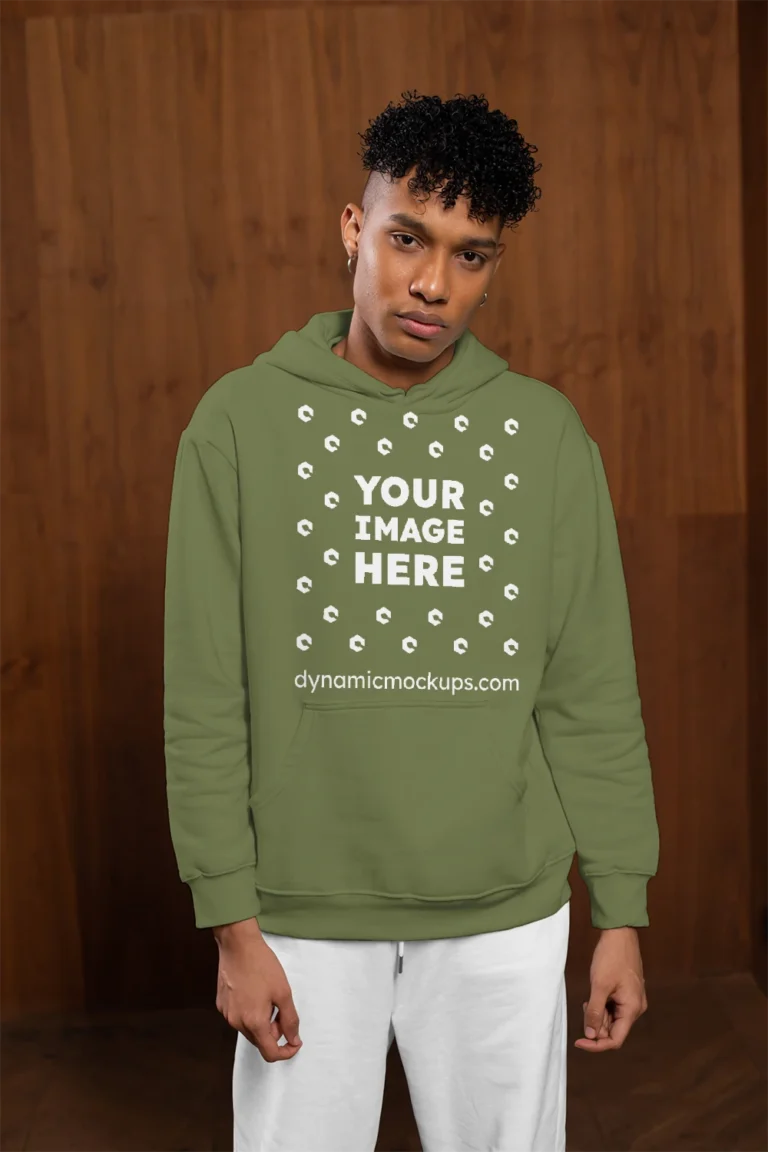 Man Wearing Olive Green Hoodie Mockup Front View Template