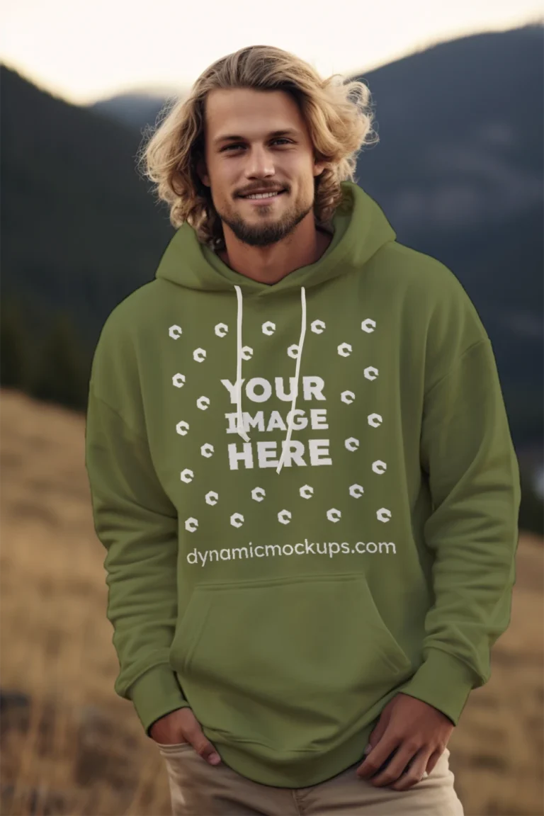 Man Wearing Olive Green Hoodie Mockup Front View Template