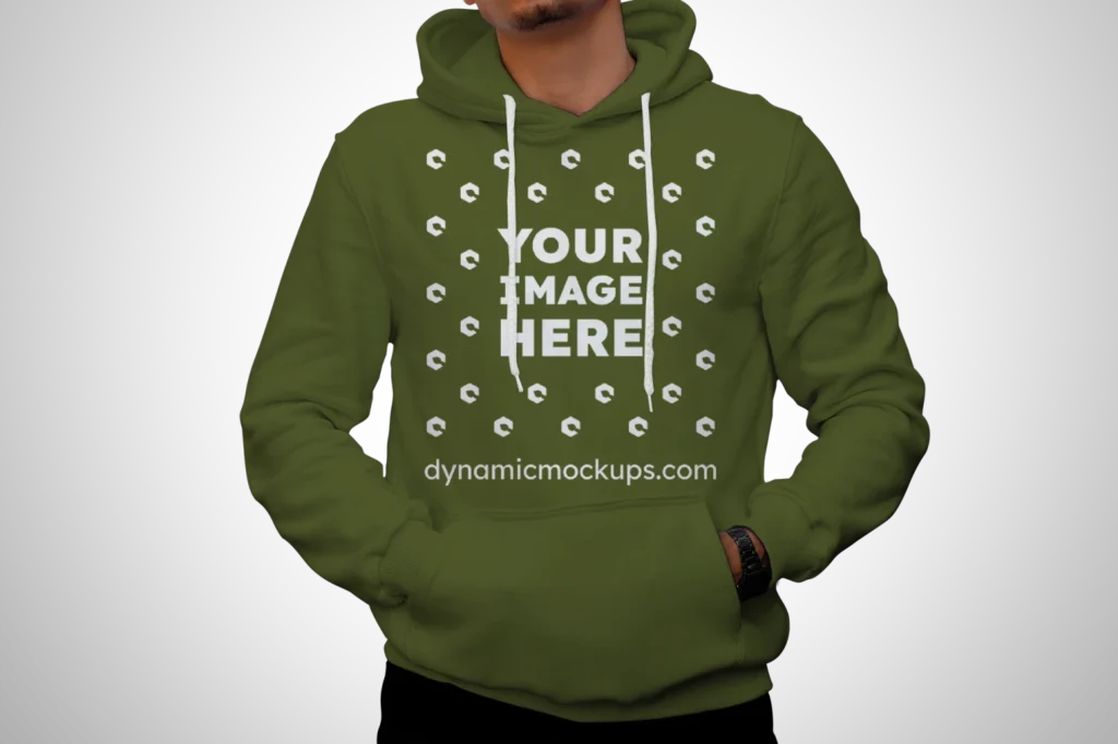 Man Wearing Olive Green Hoodie Mockup Front View Template