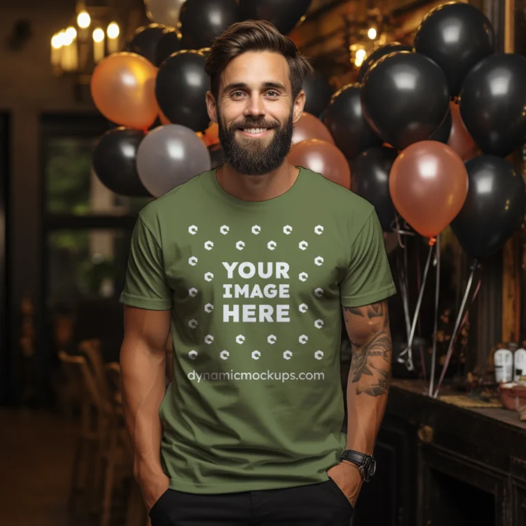 Man Wearing Olive Green T-shirt Mockup Front View Template