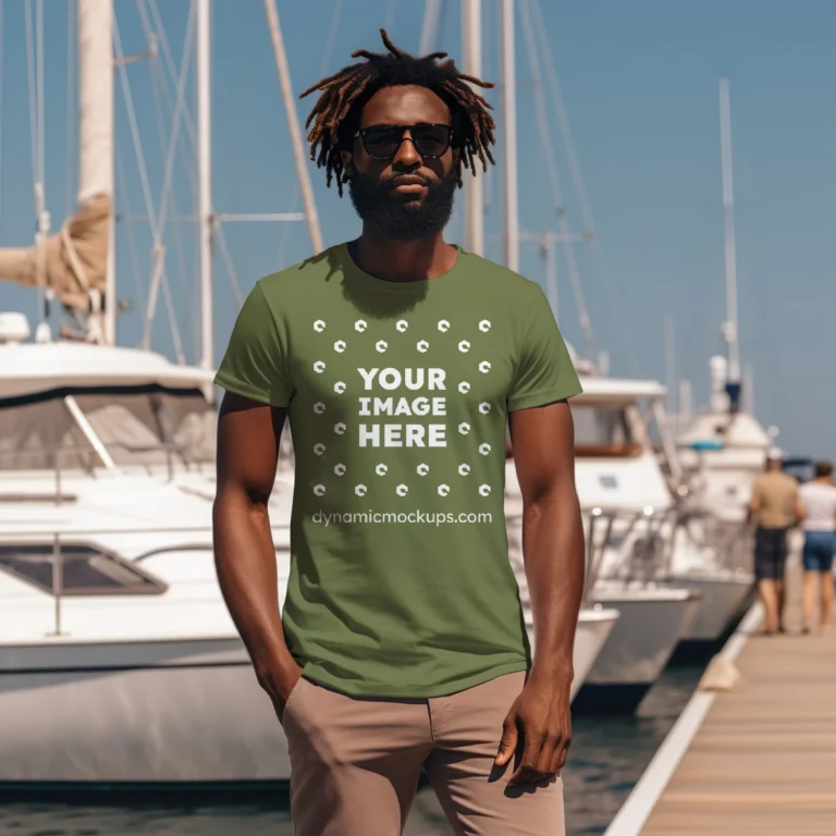 Man Wearing Olive Green T-shirt Mockup Front View Template