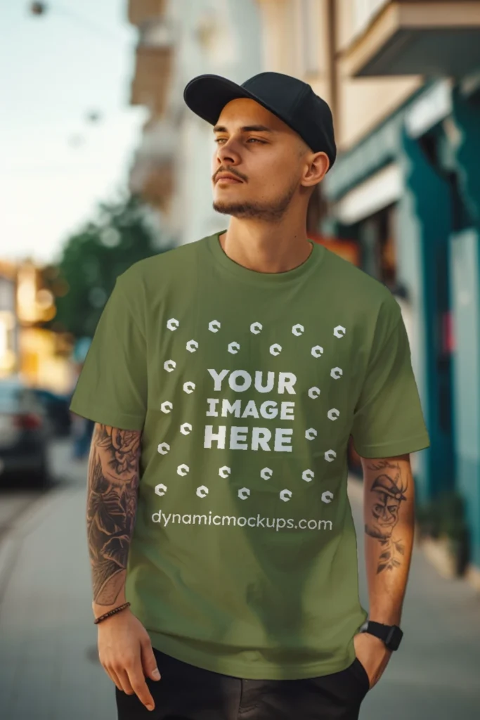 Man Wearing Olive Green T-shirt Mockup Front View Template