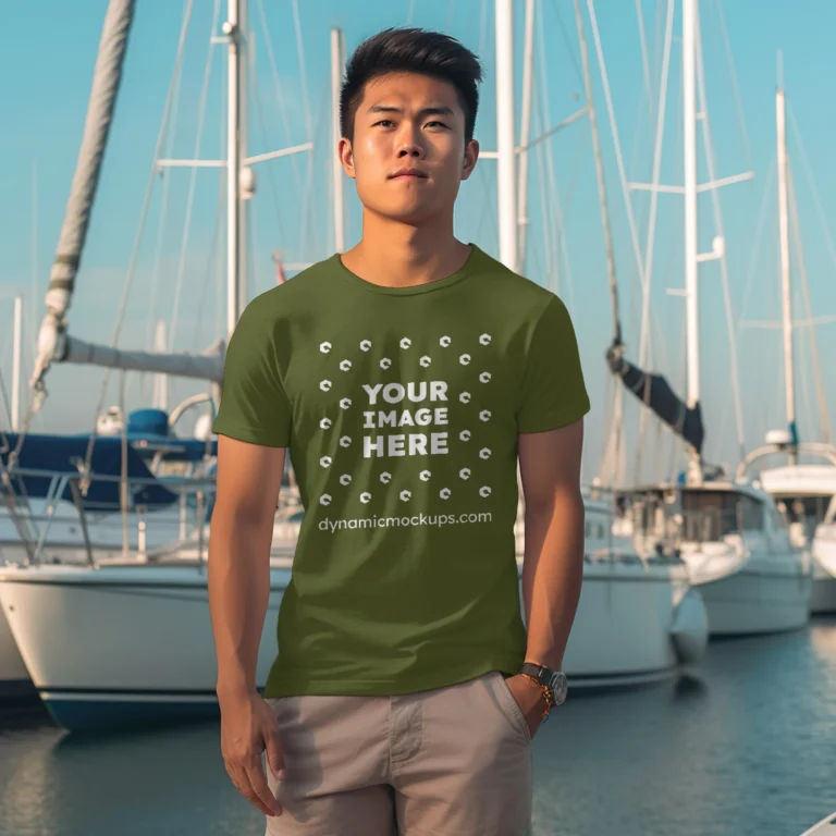 Man Wearing Olive Green T-shirt Mockup Front View Template