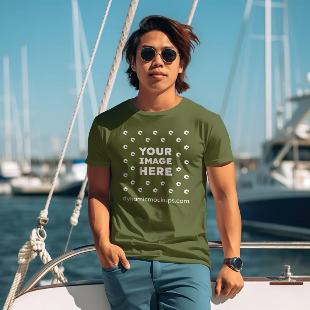 Man Wearing Olive Green T-shirt Mockup Front View Template