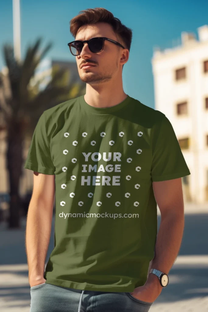 Man Wearing Olive Green T-shirt Mockup Front View Template